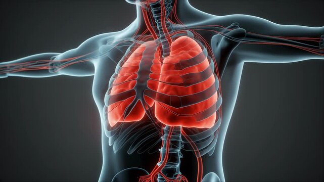Thoracic duct anatomy with transparent upper torso layer showing red obstruction and upstream vessel dilation in static fluid buildup, medical visualization illustrating lymphatic blockage condition