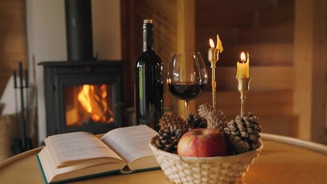 Warm cozy reading, intimate scene with wine and candles by fireplace.