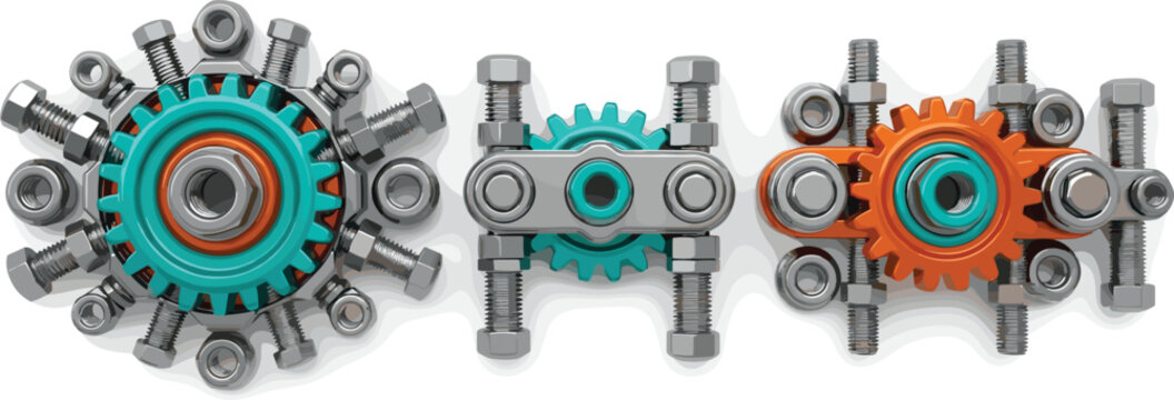 3D Illustration of Interconnected Gears and Bolts in Metallic and Orange Colors for Engineering, Mechanism, and Technical Designs