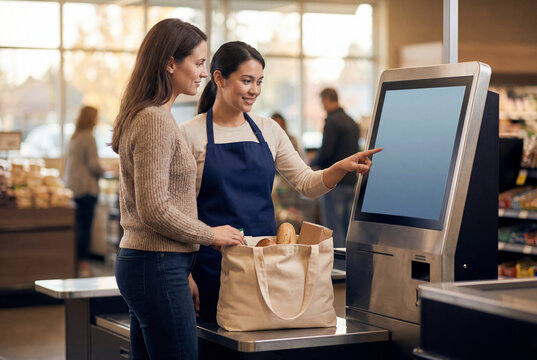 Store employee assisting a customer at a self-checkout kiosk in a modern supermarket. Retail service scene for shopper support, digital checkout, and grocery technology concepts