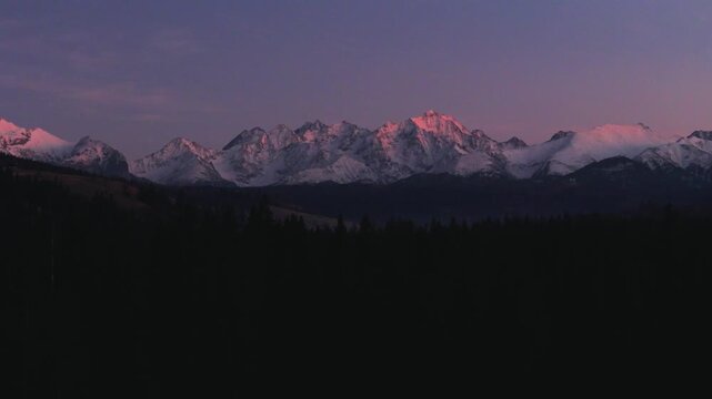 Aerial view of beautiful nature in Tantra mountains late in the evening