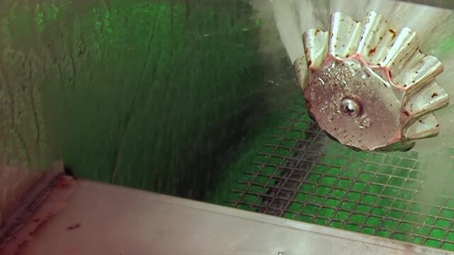 Gleaming metallic turbine spins vigorously as water cascades over vibrant green filter screen. This powerful industrial mechanism actively scrubs and purifies air, capturing impurities in environment.