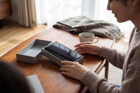 Woman unboxing a new smartphone at home in soft natural light. Cozy lifestyle image for gift to self, personal tech upgrade, self reward, and consumer electronics marketing