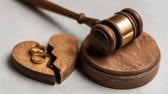 A judge's gavel is placed near a broken wooden heart split into two pieces with two gold wedding rings, symbolizing divorce and separation, a legal concept.