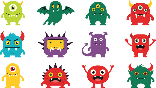 Cartoon Monster Collection Featuring Colorful, Cute, and Playful Monsters with Various Shapes and Expressions for Kids and Halloween DesignsCartoon Monster Collection Featuring Colorful, Cute, and Pla