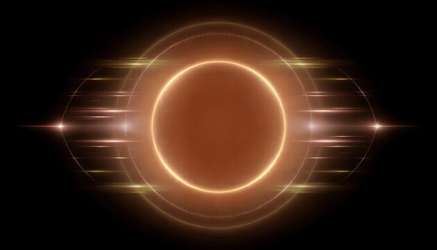 The sun appears as a large orange circle with a glowing rim against a black background with streaks of light radiating outward