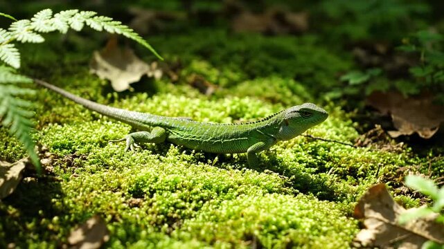 A vibrant green lizard rests on lush moss with dappled sunlight