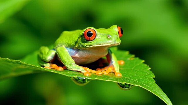 A vibrant, green tree frog with red eyes rests on a verdant leaf