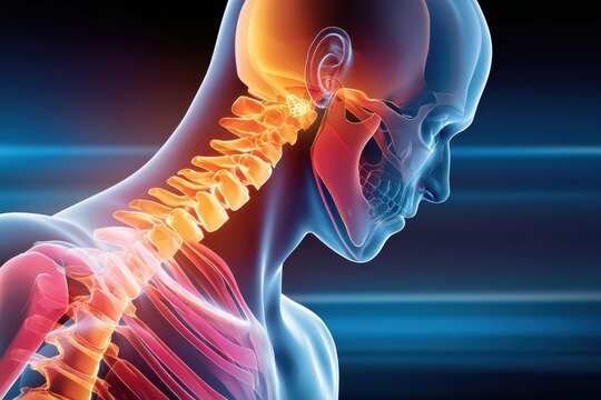 Cervical spine x-ray style illustration showing neck vertebrae, anatomy and highlighted inflammation