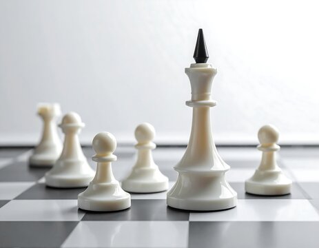 White chess pieces, centered on the king, are arranged on a checkerboard surface with a bright, neutral background
