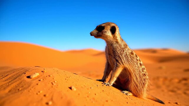 Meerkat stands guard on sandy dune in desert landscape