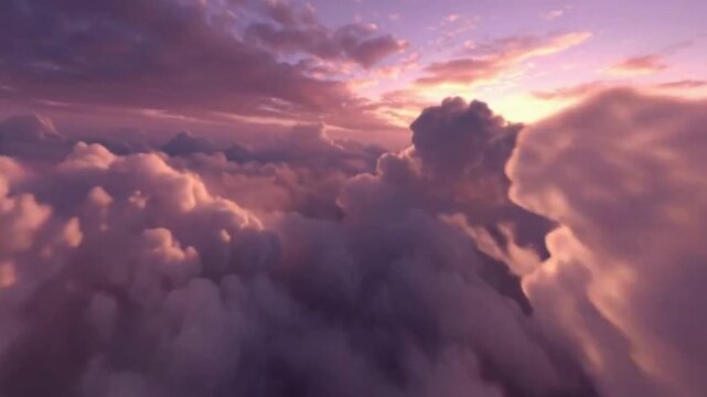 Aerial View of Fluffy Clouds During Sunset with Warm Colors and Soft Lighting