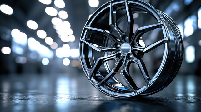 Polished automotive wheel gleams under bright industrial lights, showcasing its complex spoke design and modern aesthetic in a spacious factory setting.