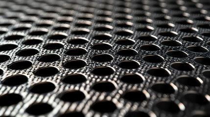 Obraz premium The macro shot showcases a textured metal sheet with uniform round perforations, creating a mesmerizing pattern of light and shadow across the surface detail.