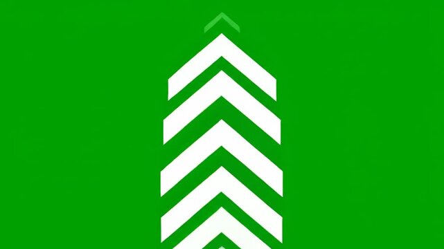 A vibrant image with a solid green background features a series of white chevron arrows pointing upward, suggesting movement and progress. The arrows subtly vary in tone