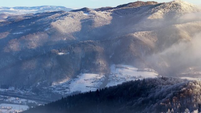 Aerial view of a forest covered with frost on the mountain slopes