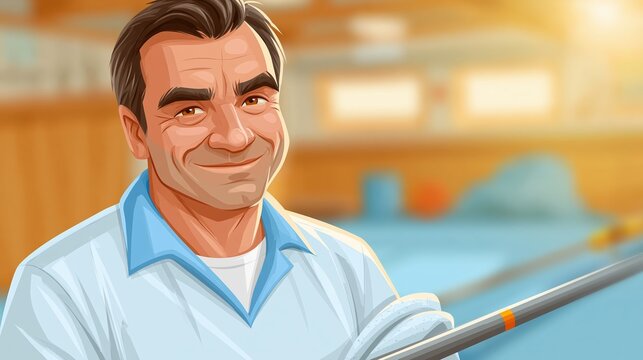 Rowing enthusiast smiling with oar handle and towel in indoor boathouse