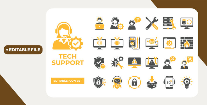 Tech Support Icon Set. Includes AI assistance, cybersecurity, 5G support, and system maintenance icons for web, apps, and technical presentations. Editable vector.