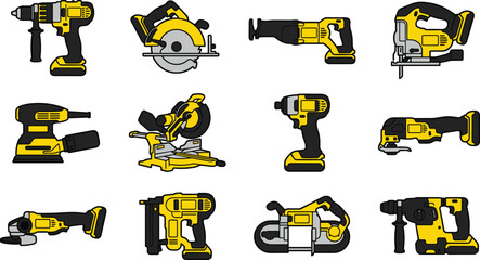 Yellow Power Tools Set Vector Illustration with Drill, Circular Saw, Jigsaw, Grinder and Electric Equipment for Construction, DIY Projects, Workshop, and Industrial Design © PUTUL
