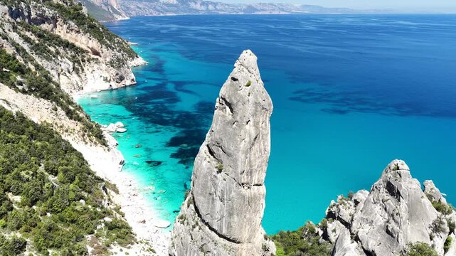 Aerial view of Cala Goloritz&egrave;, Baunei Coast, Sardinia, Italy. Iconic turquoise waters, white limestone cliffs adn pristine beach, often ranked among the most beautiful beaches in the world
