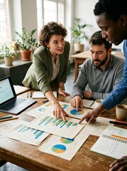 Fototapeta premium Three professionals collaborate analyzing colorful charts on rustic wooden table