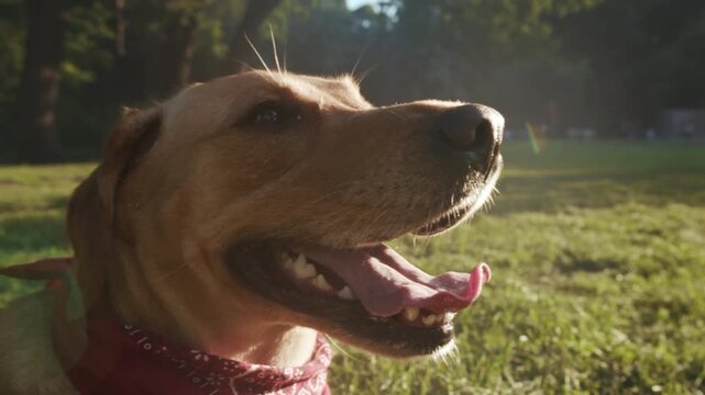 Happy dog with bandana, An affectionate pet captured in soft glow during peaceful late afternoon session