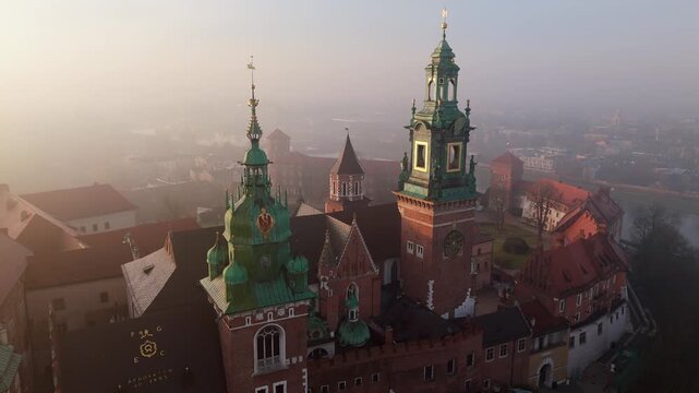 Aerial view of Wawel Castle Cathedral close-up. Old town in the background
