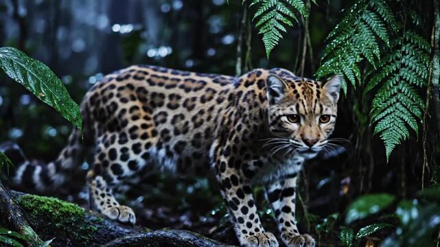 Ocelot Stalks Through Moonlit Jungle Night