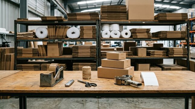 Vertical scene inside packing station with manual tools and cardboard boxes