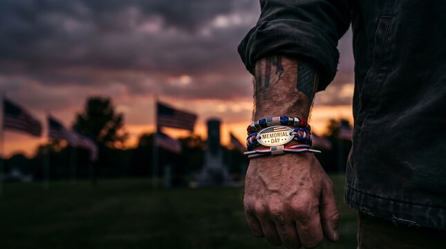 Man wearing memorial day bracelets in a cemetery with american flags at sunset