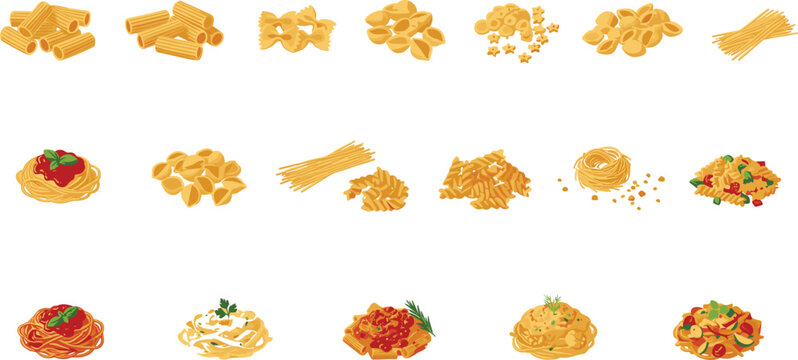 Vector illustration of pasta types and dishes in diverse shapes, cooked forms and plated styles in decorative design