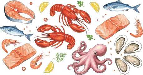 Vector illustration of seafood including lobsters, octopus, fish, shrimp, oysters and salmon with garnishes in decorative design © Mossadessur Rahman