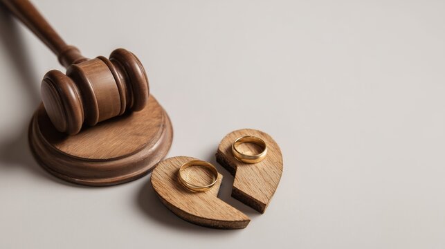 A judge's gavel is placed near a broken wooden heart split into two pieces with two gold wedding rings, symbolizing divorce and separation, a legal concept.