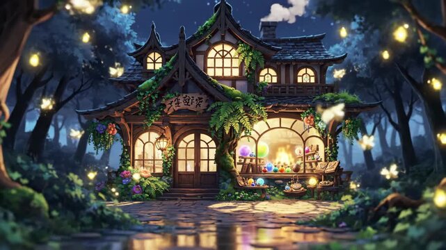 Enchanted fantasy shop facade with glowing potions at night