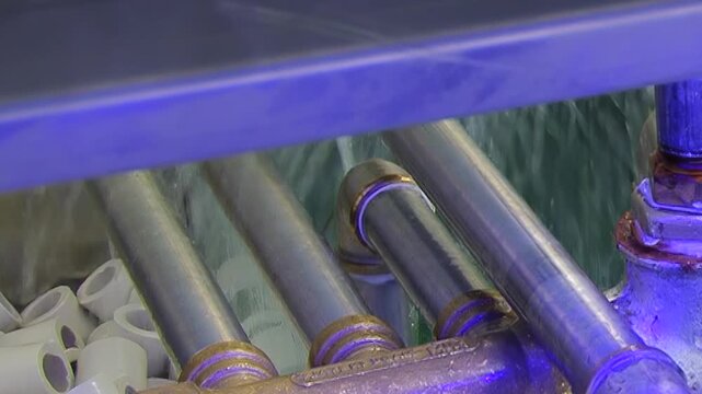 Deep within an industrial air purification system, blue light bathes shimmering pipes and white ceramic media.