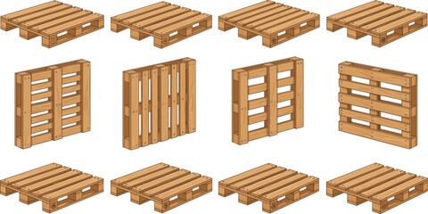 Vector illustration of wooden pallets in different designs and perspectives with structural details in decorative design © Creative Stoker