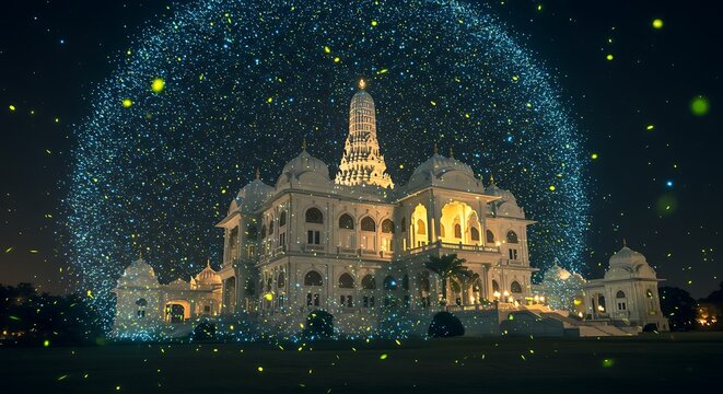 Illuminated building with magical particles against a dark night sky