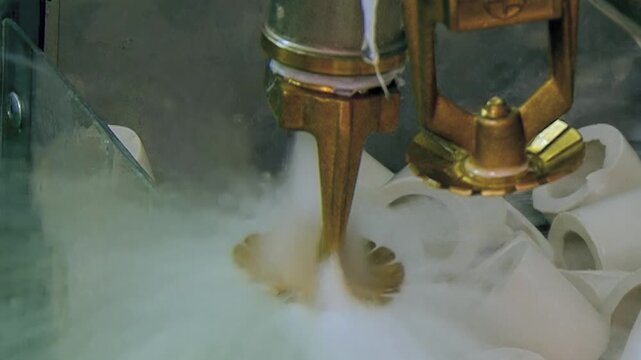 Witness the meticulous cleaning of an air filter element. A shimmering gold nozzle directs a fine, swirling mist onto white pleated fabric, contained within a clear acrylic enclosure.