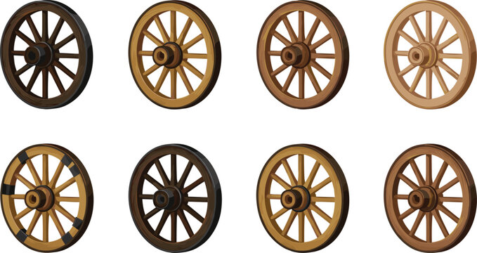 Vector illustration of wooden wagon wheels with spokes, rims, and hubs in varying shades of brown