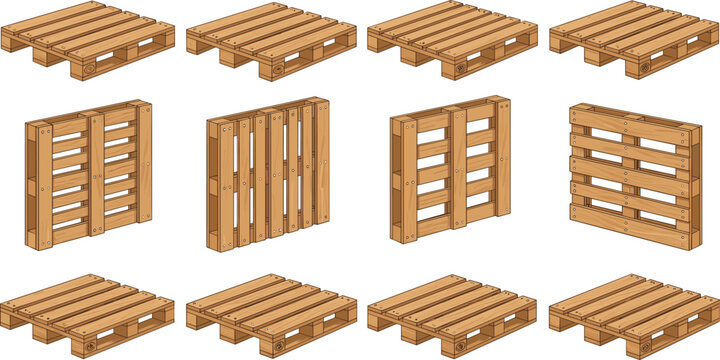 Vector illustration of wooden pallets in different designs and perspectives with structural details in decorative design