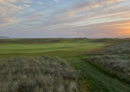 A beautifully groomed golf green surrounded by wild grasses at a Scottish golf course at sunset makes a dreamy scene.