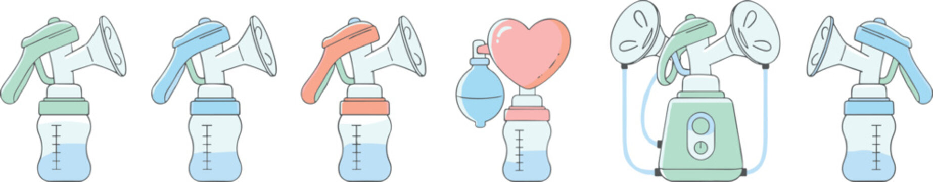 Vector illustration of breast pumps in manual and electric designs with bottles and suction funnels in decorative design