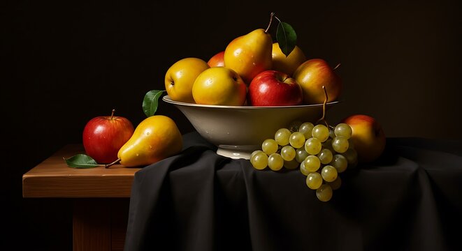 Still life composition of apples pears and grapes on a table