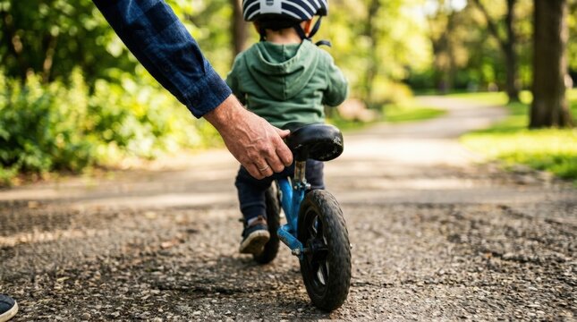 Vertical close view of father's hand gently steadying child's back on balance bike