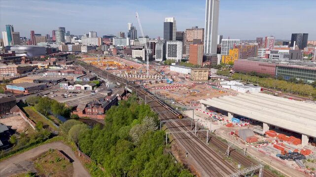 Aerial view of Birmingham cityscape skyline with HS2 construction site on Curzon Street, UK