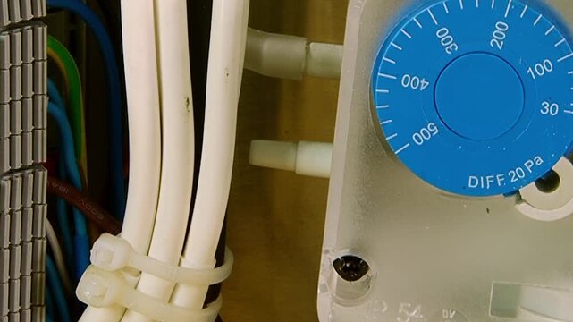 Detailed look at a pressure gauge on an air handling unit, displaying differential pressure for an air filter. Neatly bundled white wires are visible on a panel, ensuring proper air quality indoors.