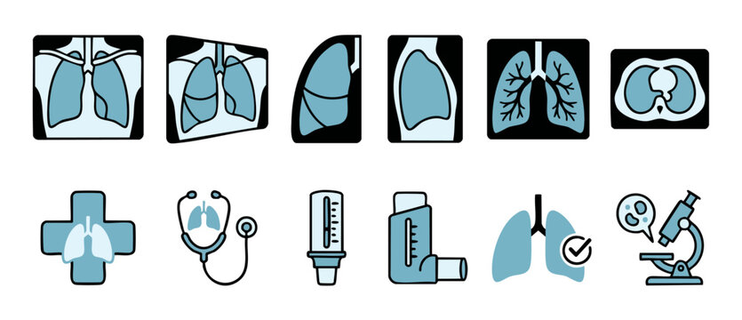 Human Lungs Medical Icon Set for Pulmonology and Respiratory Healthcare Diagnostics, including X-ray scans, Inhalers, Stethoscope, and Microscope equipment, Vector illustration on white background.