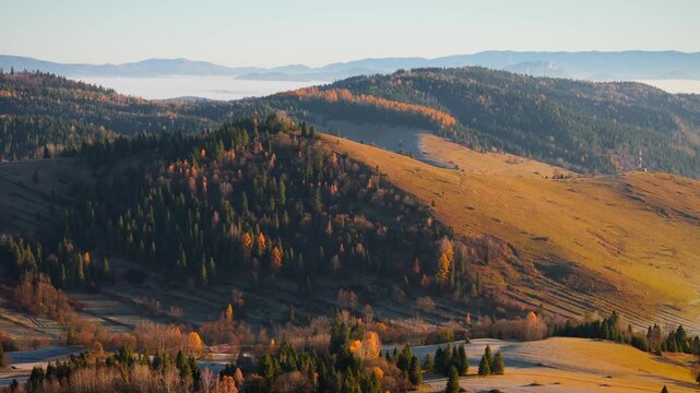 The breathtaking aerial view of beautiful nature in Tantra mountains in autumn