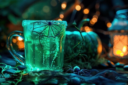 Green glowing halloween cocktail decorated with spider and spider web, blurred pumpkin and lantern in the background