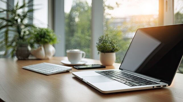 Laptop and accessories on a wooden desk near a window with sunlight